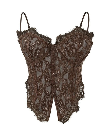 Women's Elegant Sheer Lace Camisole with Sleeveless Fishbone Design