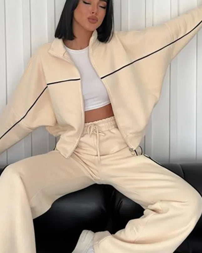Women's Two-Piece Striped Zipper Jacket and Pants Set