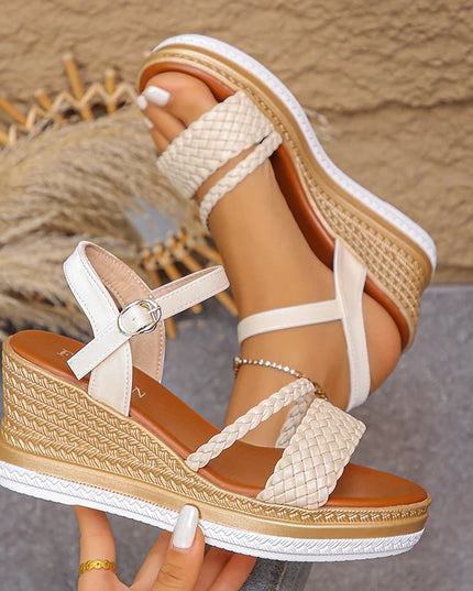 Women's Braided Wedge Sandals - Lightweight Platform Shoes with Buckle Strap