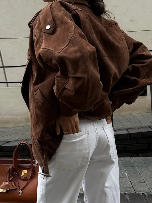 Women's Faux Suede Cropped Jacket with Vintage Lapel & Zipper