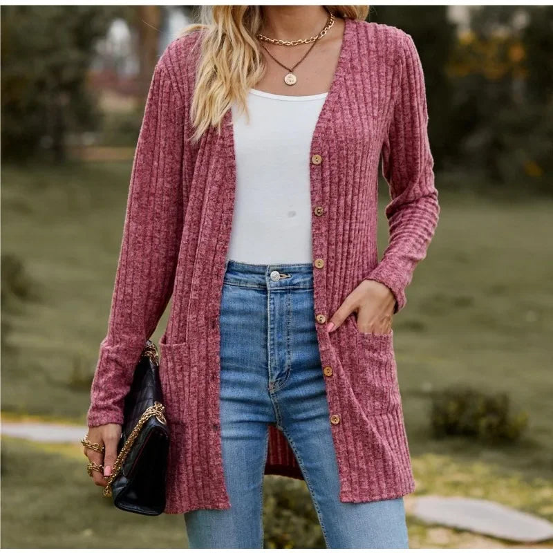 Women's Milled Pit Stripe Button-Front Long Sleeve Cardigan