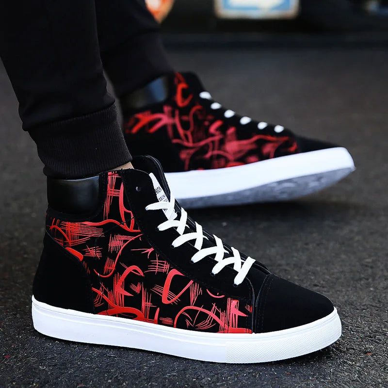 Men's Lace-Up High-Top Canvas Sneakers with Vulcanized Sole