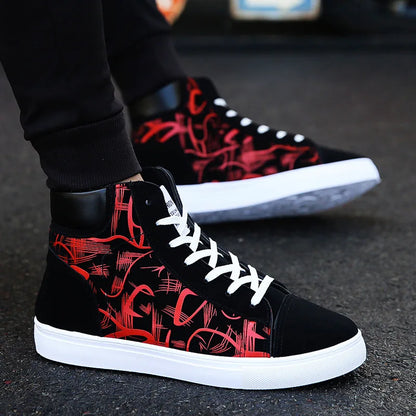 Men's Lace-Up High-Top Canvas Sneakers with Vulcanized Sole