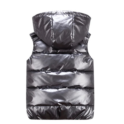 Men's Glossy Hooded Vest Jacket with Zipper Pockets - Classic Fit