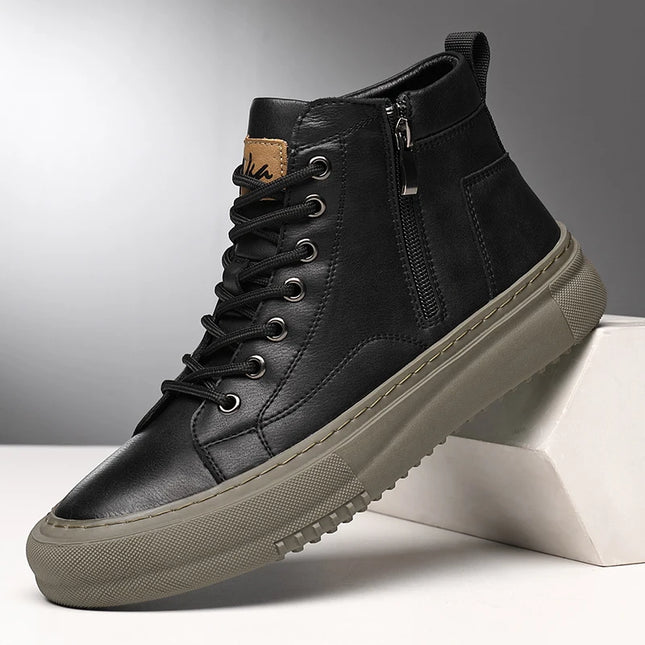 Men's Breathable High-Top Sneakers with Lace-Up Design and Side Zipper
