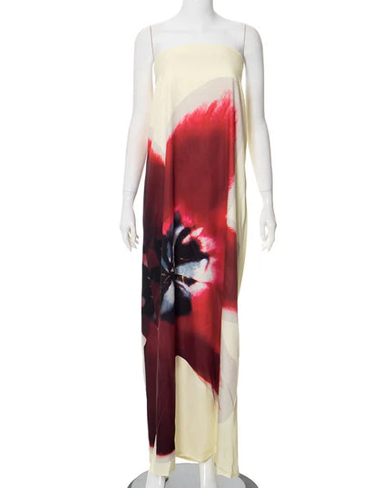 Women's Floral Off-Shoulder Strapless Backless Maxi Dress – Loose Fit