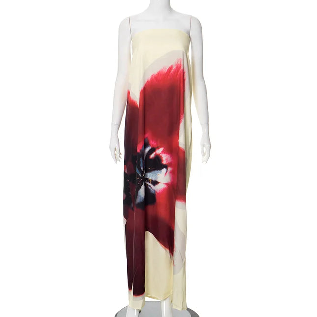Women's Floral Off-Shoulder Strapless Backless Maxi Dress – Loose Fit