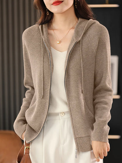 Women's Wool Blend Hoodie Sweater - Thick Knitted Zipper Cardigan with Hood