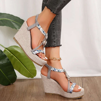 Women's Braided Platform Sandals - Metal Decor Wedge
