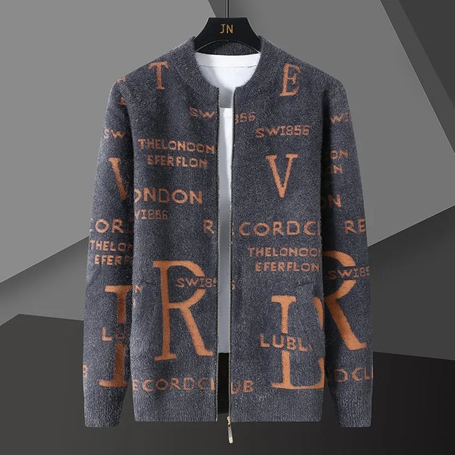 Retro Jacquard Men's Cardigan Jacket with Stand-Up Collar