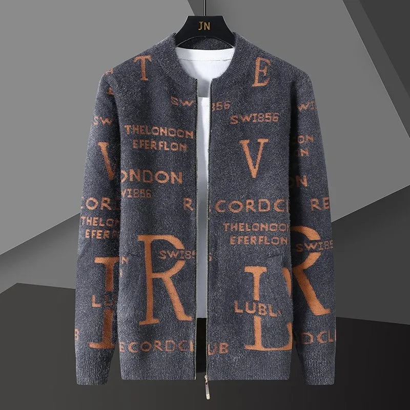 Retro Jacquard Men's Cardigan Jacket with Stand-Up Collar