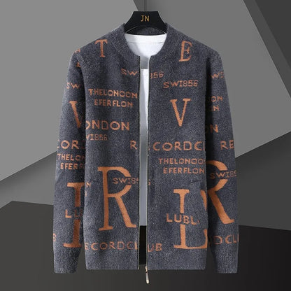 Retro Jacquard Men's Cardigan Jacket with Stand-Up Collar