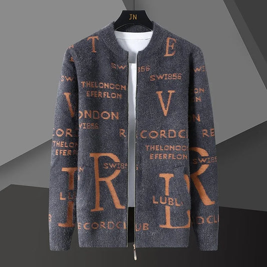 Retro Jacquard Men's Cardigan Jacket with Stand-Up Collar