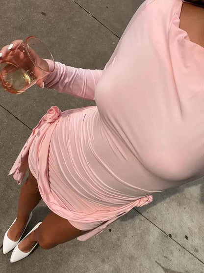 Floral Design Pleated Mini Dress with Long Sleeves for Women