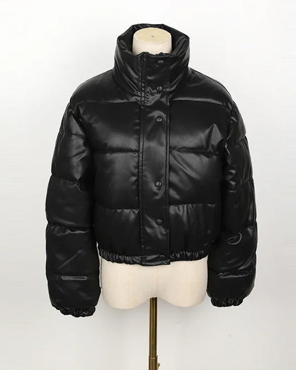 Women's Short PU Leather Parka -  Cotton Padded Down Jacket