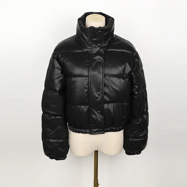 Women's Short PU Leather Parka -  Cotton Padded Down Jacket