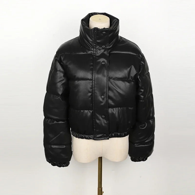 Women's Short PU Leather Parka -  Cotton Padded Down Jacket