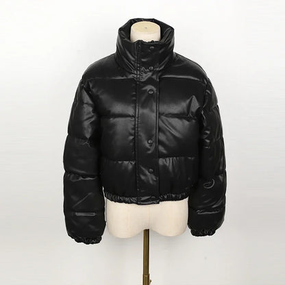 Women's Short PU Leather Parka -  Cotton Padded Down Jacket