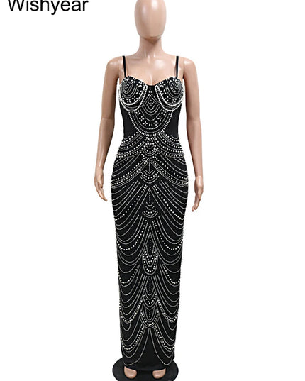 Wishyear Women's Luxe Brown Gown with Sparkling Crystal Rhinestones and Pearls
