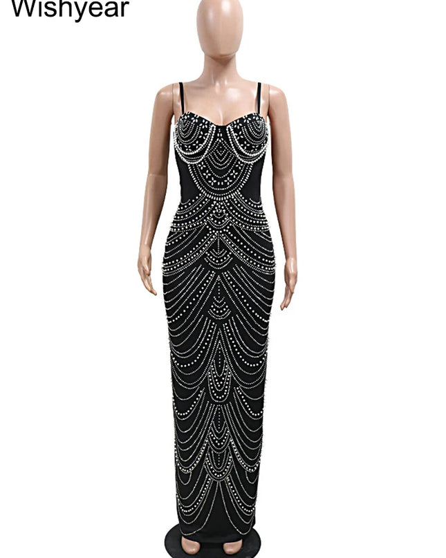Wishyear Women's Luxe Brown Gown with Sparkling Crystal Rhinestones and Pearls