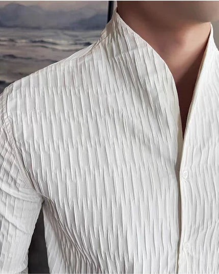 Men’s Slim-Fit Long-Sleeve Shirt with Stand Collar, Textured Fabric, and Embroidery