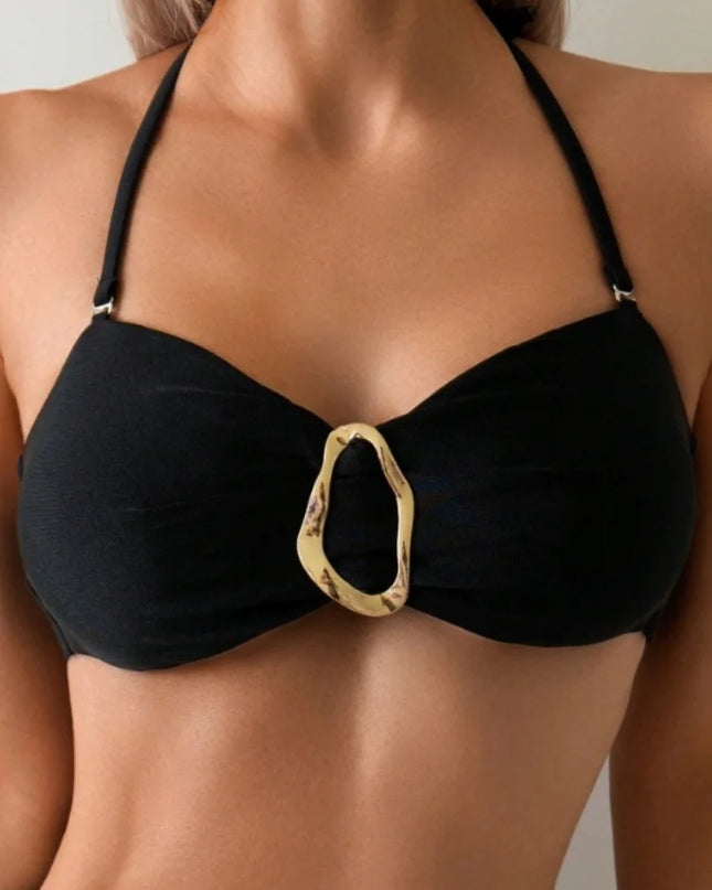 High-Waisted Women's Bikini with Metal Buckle and Push-Up Design - Two-Piece Set