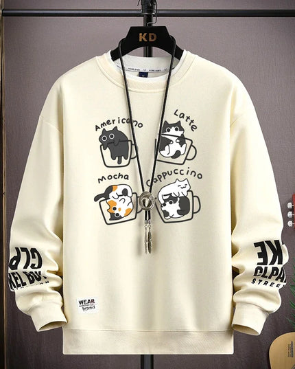 Men's Sweater with Japanese Cartoon Cat Print - Various Colors