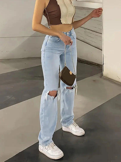 Women's Ripped Knee-Piercing Loose Fit Casual Jeans