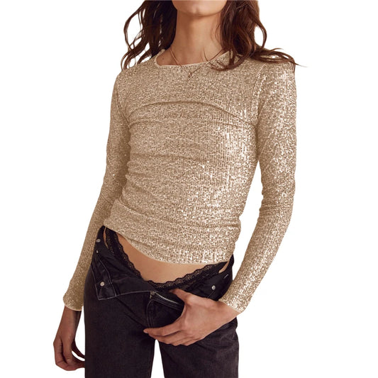 Sequin Long Sleeve Crop Top for Women with Round Neck and Glitter Finish