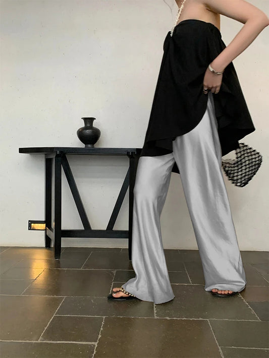 Women's High-Waisted Wide Leg Satin Silk Pants