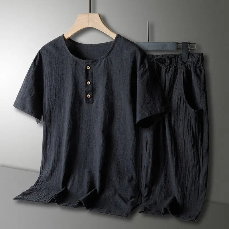 Men’s Two-Piece Button T-Shirt and Shorts Set - Relaxed Fit, Round Neck