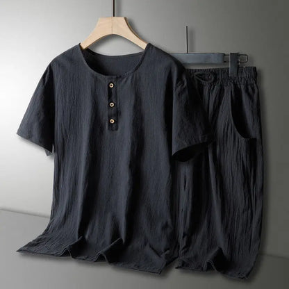 Men’s Two-Piece Button T-Shirt and Shorts Set - Relaxed Fit, Round Neck