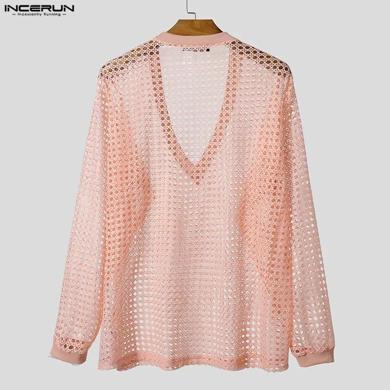 INCERUN Men's V-Neck Long Sleeve Hollow-Out Sweater