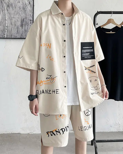 Men's Two-Piece Graffiti Print Loose Fit Button-Up Shirt & Shorts Set