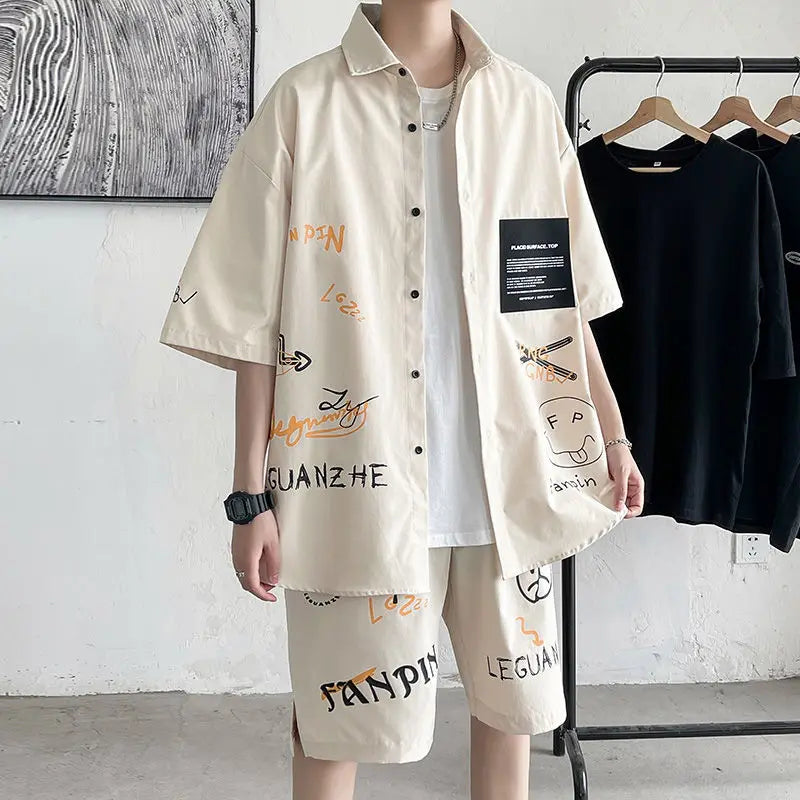 Men's Two-Piece Graffiti Print Loose Fit Button-Up Shirt & Shorts Set