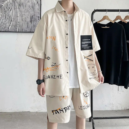 Men's Two-Piece Graffiti Print Loose Fit Button-Up Shirt & Shorts Set