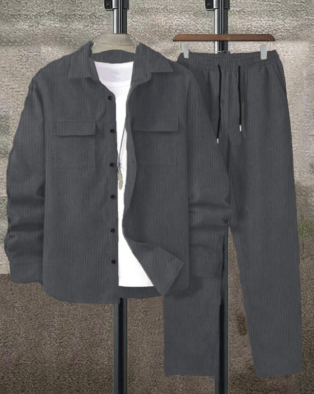 Men's Corduroy 2-Piece Shirt and Pants Set - Long Sleeve Button-Front Casual Outfit for Men
