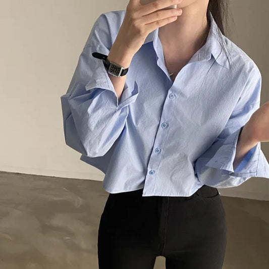 Casual Long Sleeve Women's Shirt - Korean Style Button-Up Blouse