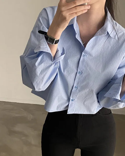 Casual Long Sleeve Women's Shirt - Korean Style Button-Up Blouse