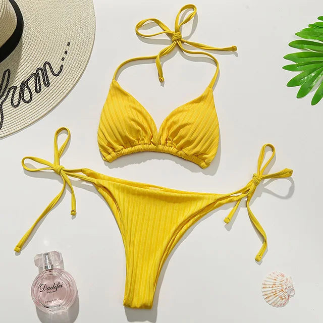 Women's Ribbed Halter Micro Thong Bikini Set - Two-Piece Swimsuit with Mini String Design
