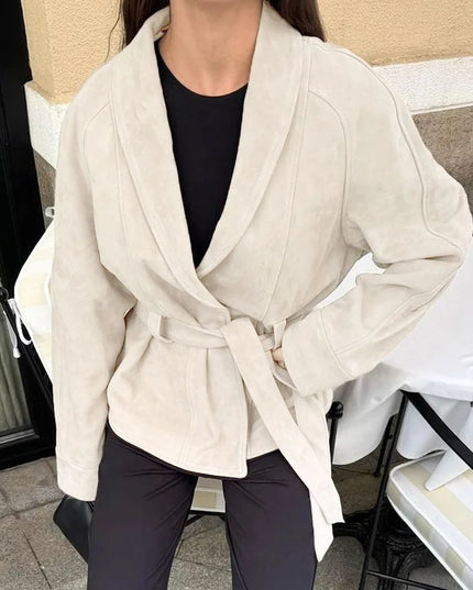 Women's Retro Faux Suede Long-Sleeved Jacket with Belt Tie