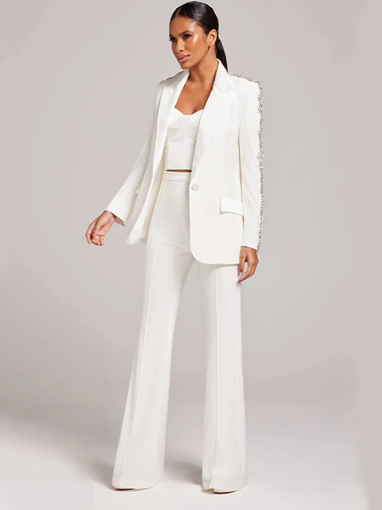 Women's Diamond-Decorated Two-Piece Beaded Blazer and Flare Pants Set