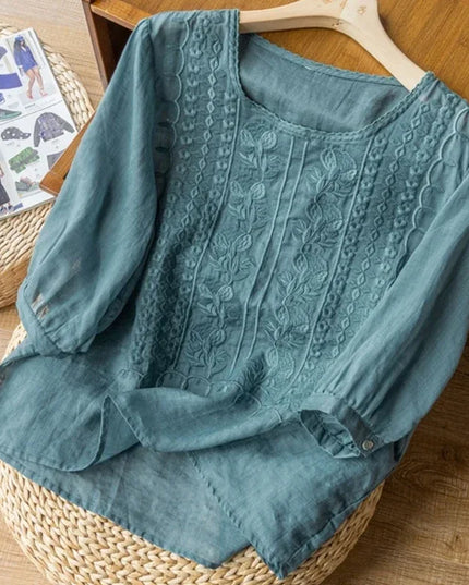 Women's Retro O-Neck Embroidered Half Sleeve Loose Casual Ruched Cotton Blouse