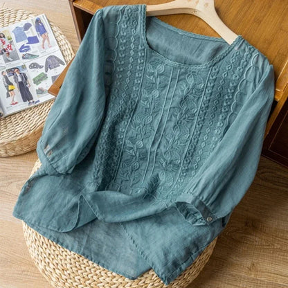 Women's Retro O-Neck Embroidered Half Sleeve Loose Casual Ruched Cotton Blouse