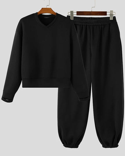 INCERUN Men’s Loose-Fit Two-Piece Set with V-Neck Long-Sleeve Top and Pants