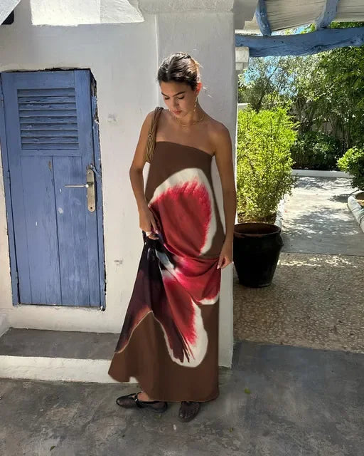 Women's Floral Off-Shoulder Strapless Backless Maxi Dress – Loose Fit