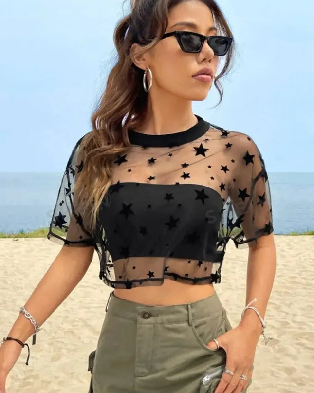 Women's Star-Print Cropped Mesh Top with Drop Shoulders