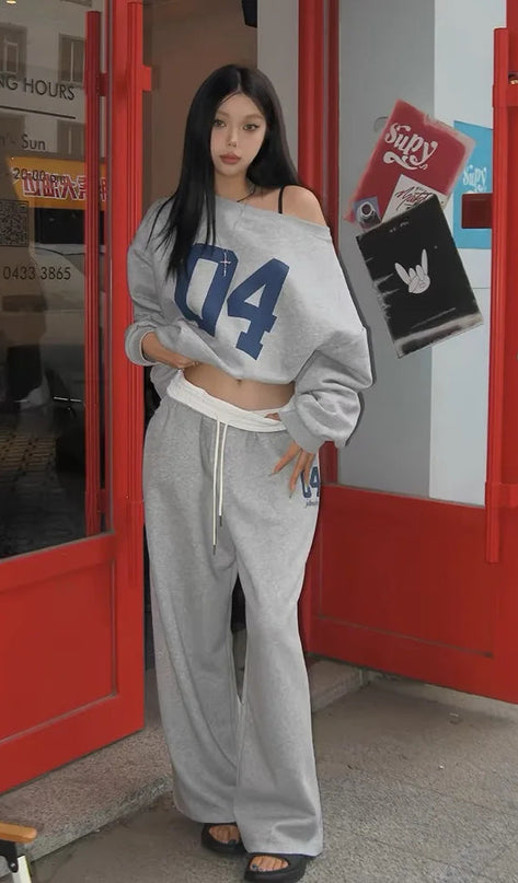 Women's Casual 2-Piece Outfit Set - Oversized Letter Print Off-Shoulder Sweater & Pants Se