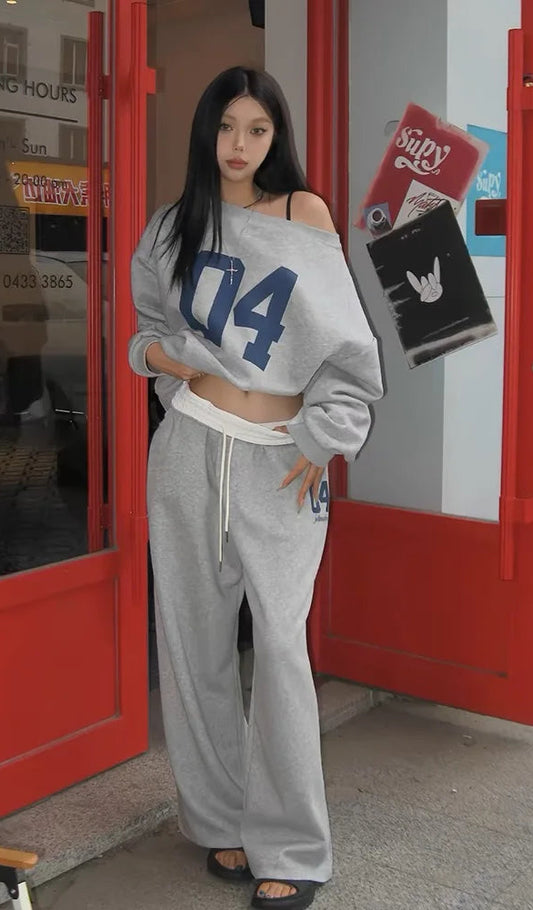 Women's Casual 2-Piece Outfit Set - Oversized Letter Print Off-Shoulder Sweater & Pants Se