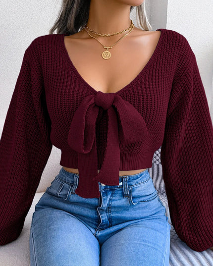 Bow Tie Sweater for Women with Puff Sleeves